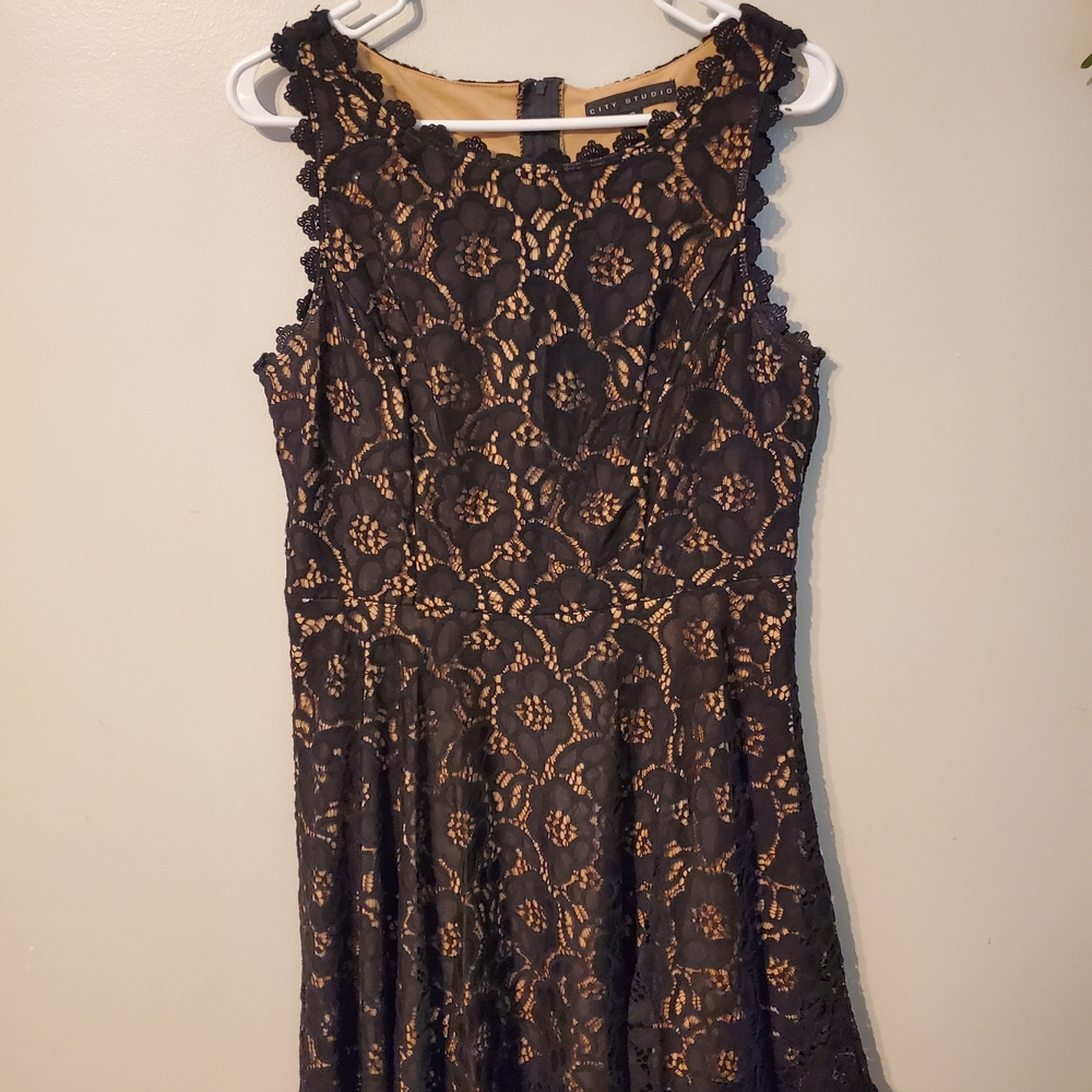 City Studio Lace Overlay Midi Dress - Black and Tan